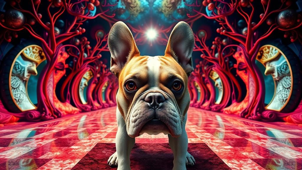 Fantasy Bulldog Portrait in Surrealist Mirror Scene