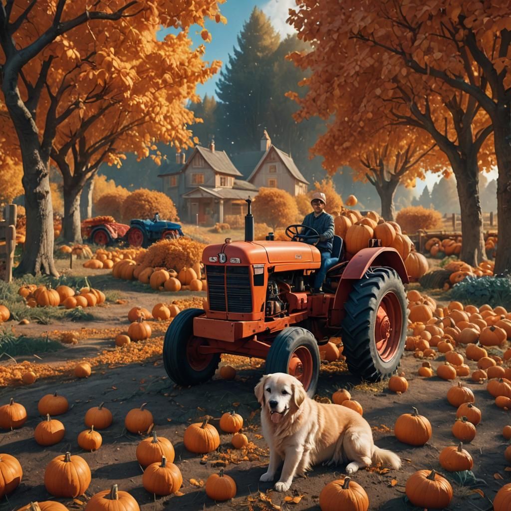 Autumnal Tractor Landscape with Puppy in Fantasy Style