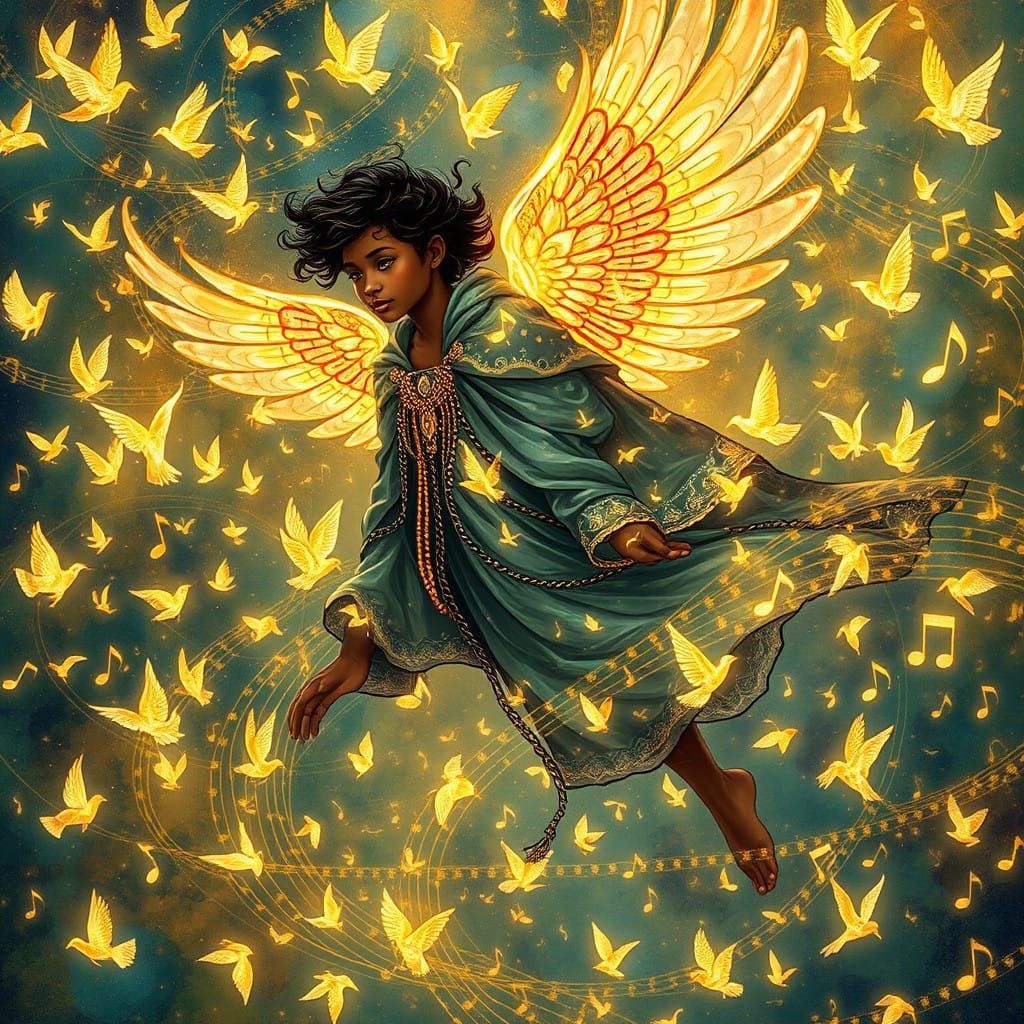 Surreal Figure Takes Flight Amidst Celestial Music Networks