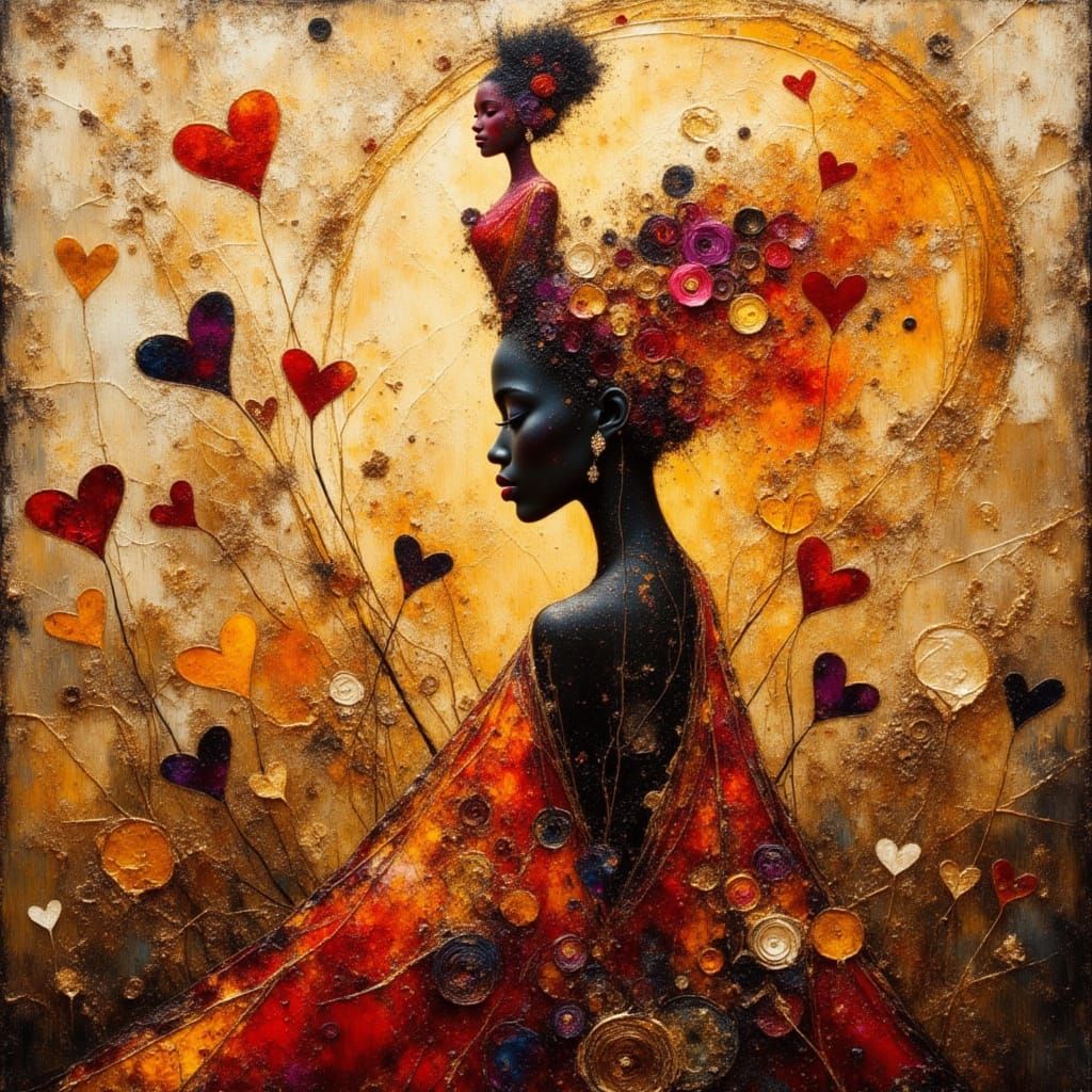 African Princess Silhouette with Heart Dress in Encaustic