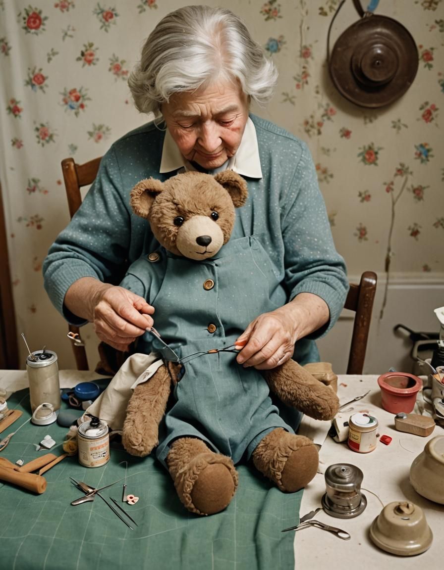 Elderly Woman Repairs a Worn Teddy Bear