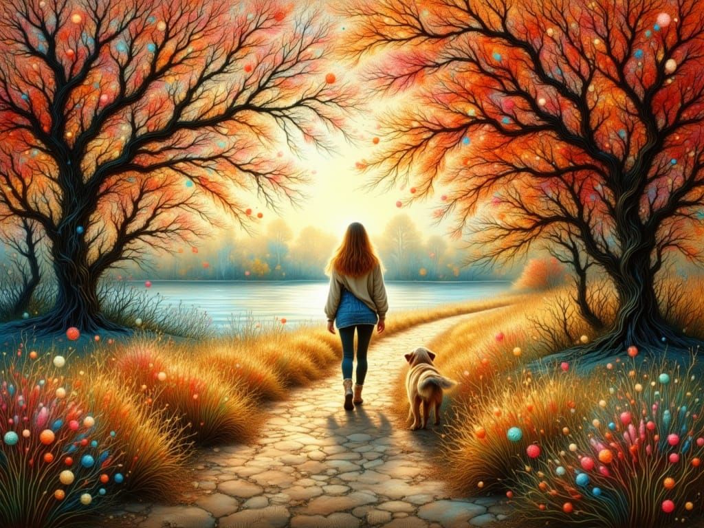 Woman and Dog Walk by River in Hyperdetailed 3D