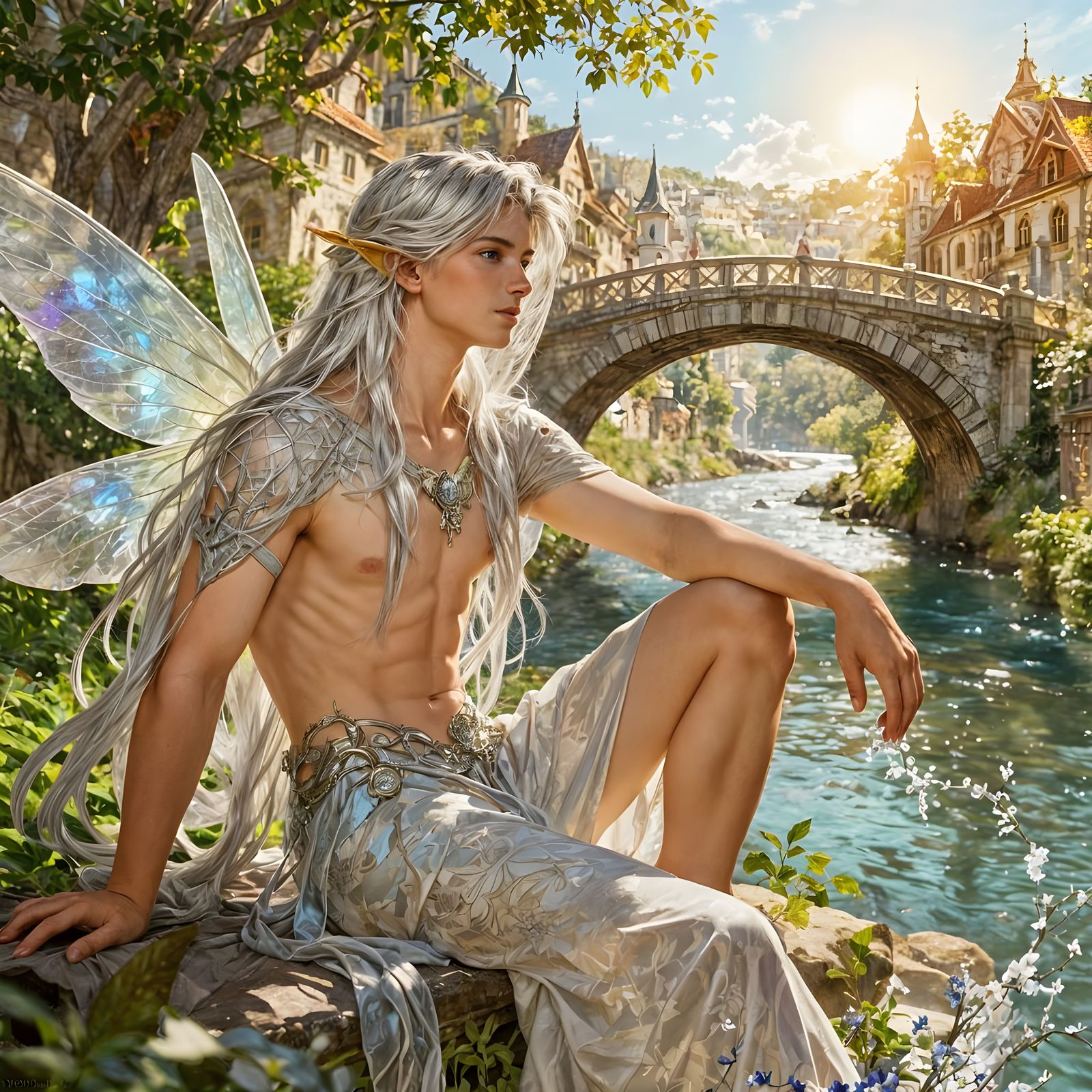 Male Fairy by River Bridge in Fantasy Portrait Style