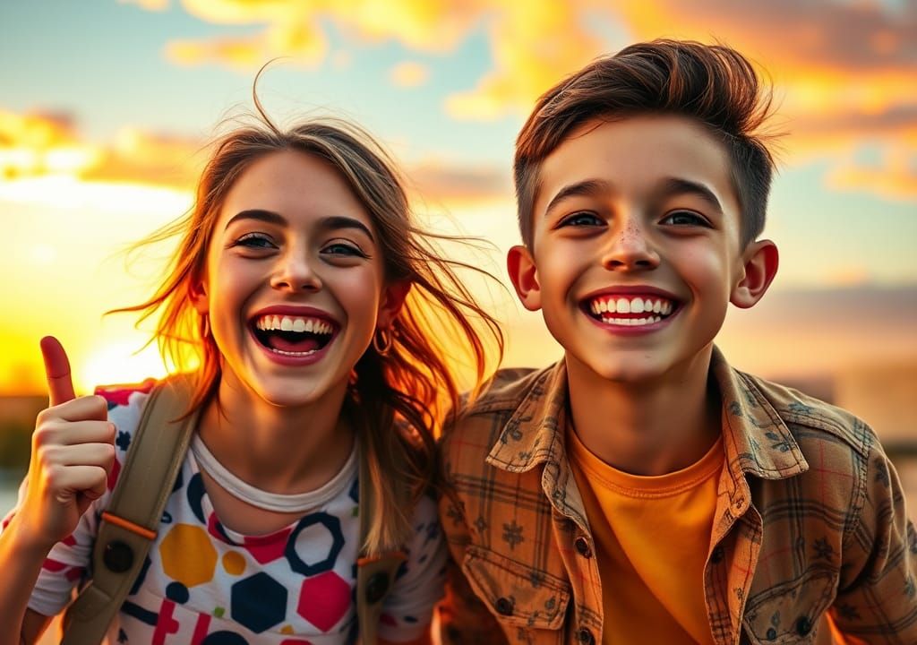 Cheerful Children in a Vibrant Sunset Style