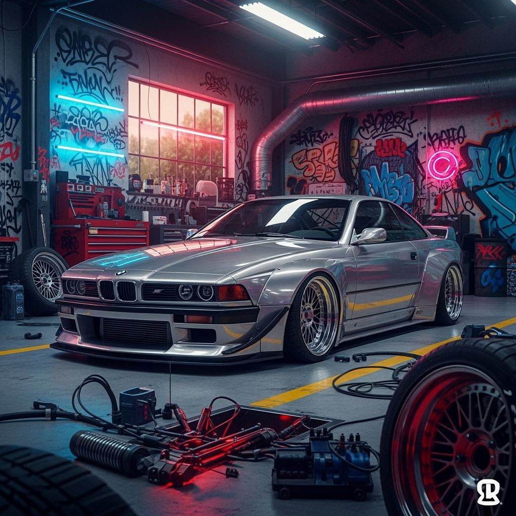 Stylish CSL858 BMW in JDM Garage with Neon Lights