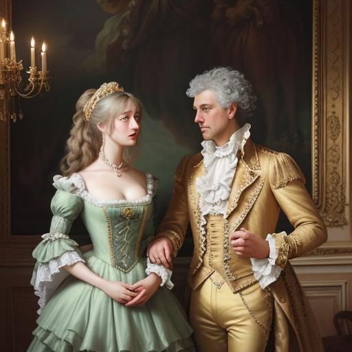 Elegant Rococo Couple in Ballroom, Oil Painting