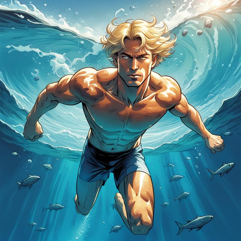 Man Swimming in Deep Ocean in Comic Book Style
