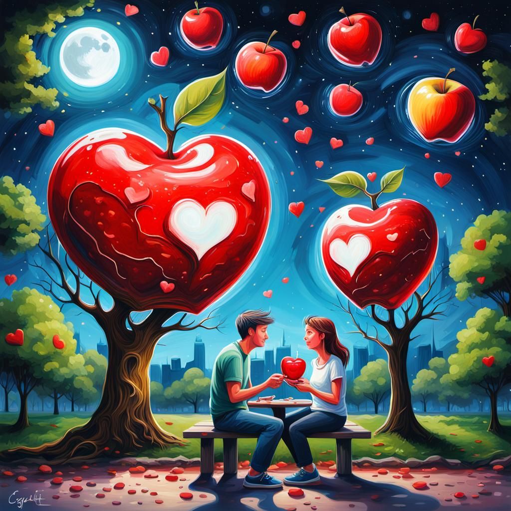 Couple Share Apple in Romantic Graffiti Art Park