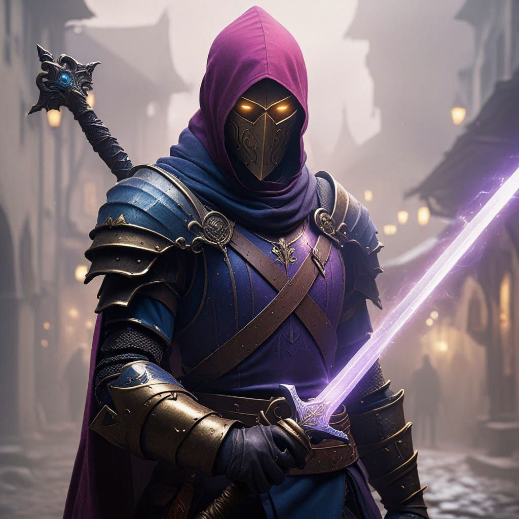 Masked Warrior with Magical Sword in Misty Town