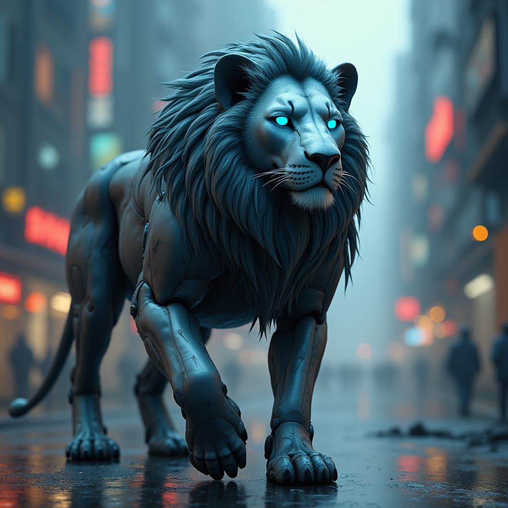 Majestic Lion Robot in Cyberpunk Cityscape