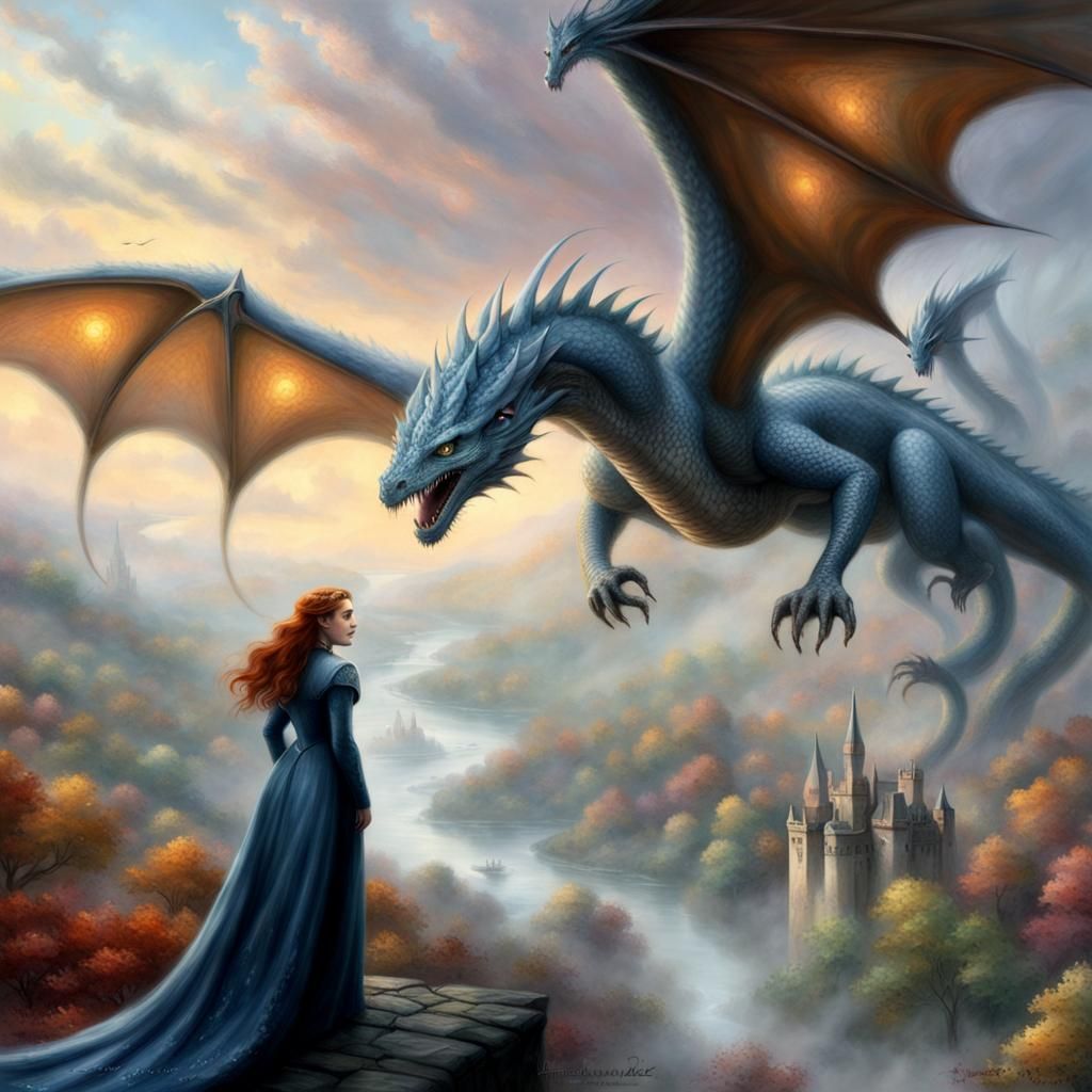 Sansa Stark on Dragon in Ethereal Fantasy Landscape