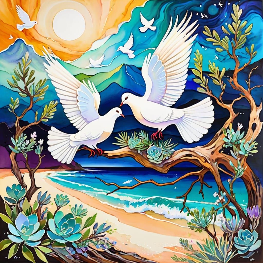 Whispers of Serenity: Two Doves Amidst Driftwood and Succule...
