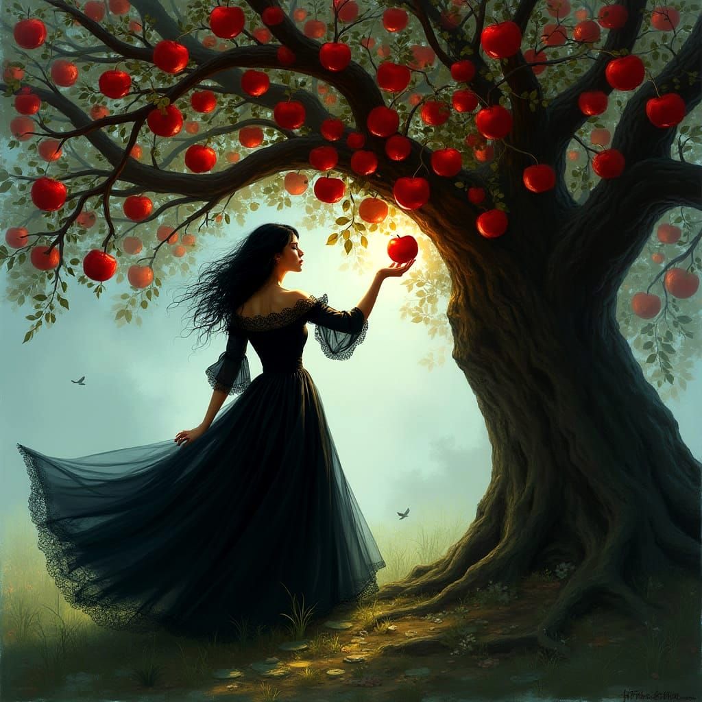 Enchanting Woman Reaches for Radiant Apple Under Ancient Tre...