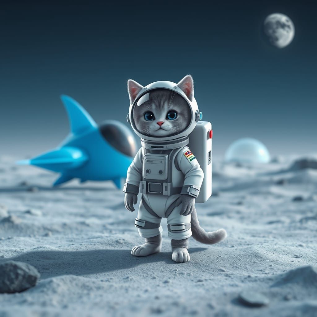 Whimsical Space Kitten Lands on Moon in Futuristic Spaceship
