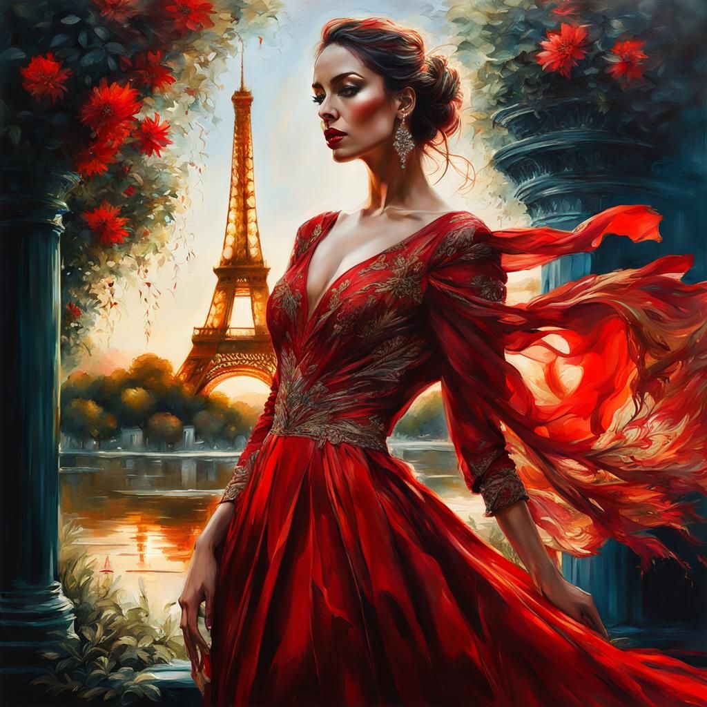 French Woman in Red Dress, Art Deco Style