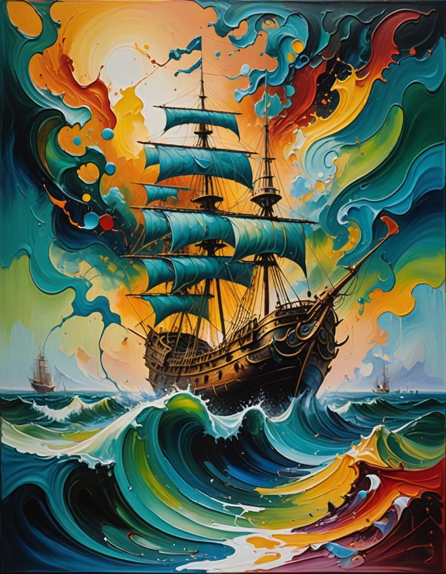 Surrealist Galleon at Sunset in Viscous Oil Paint