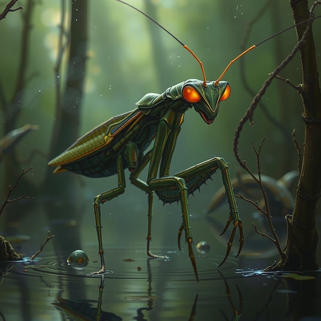 A majestic praying mantis hunts