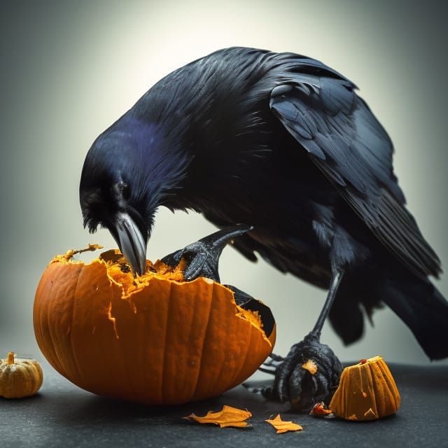 Raven Devouring Pumpkin: Hyper-Realistic Photo