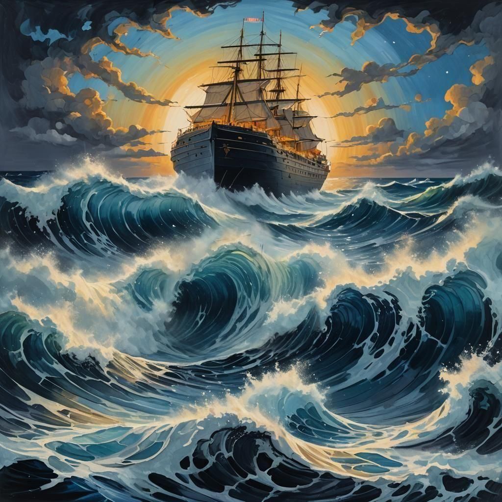 Giant Ship Rides Wave: Gouache Style Painting