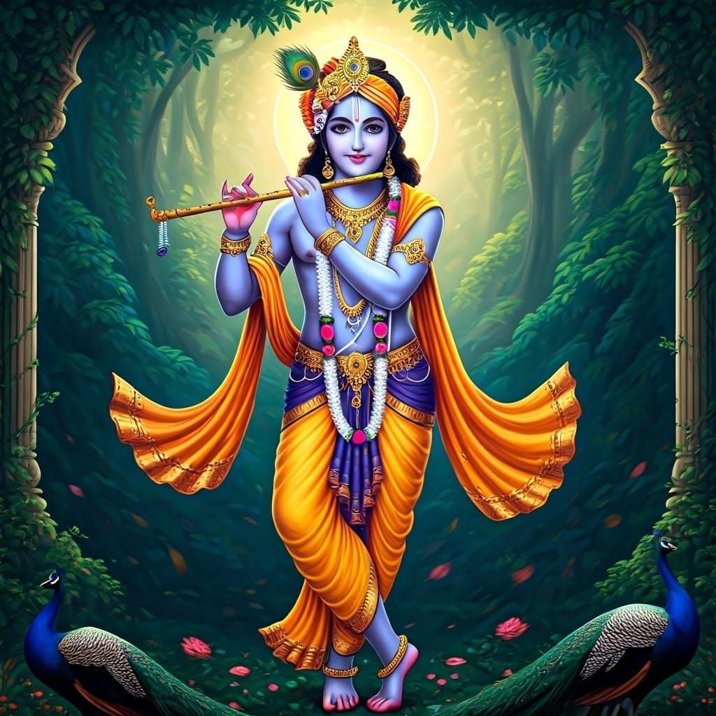 Ethereal Lord Krishna in Lush Forest, Classical Indian Art