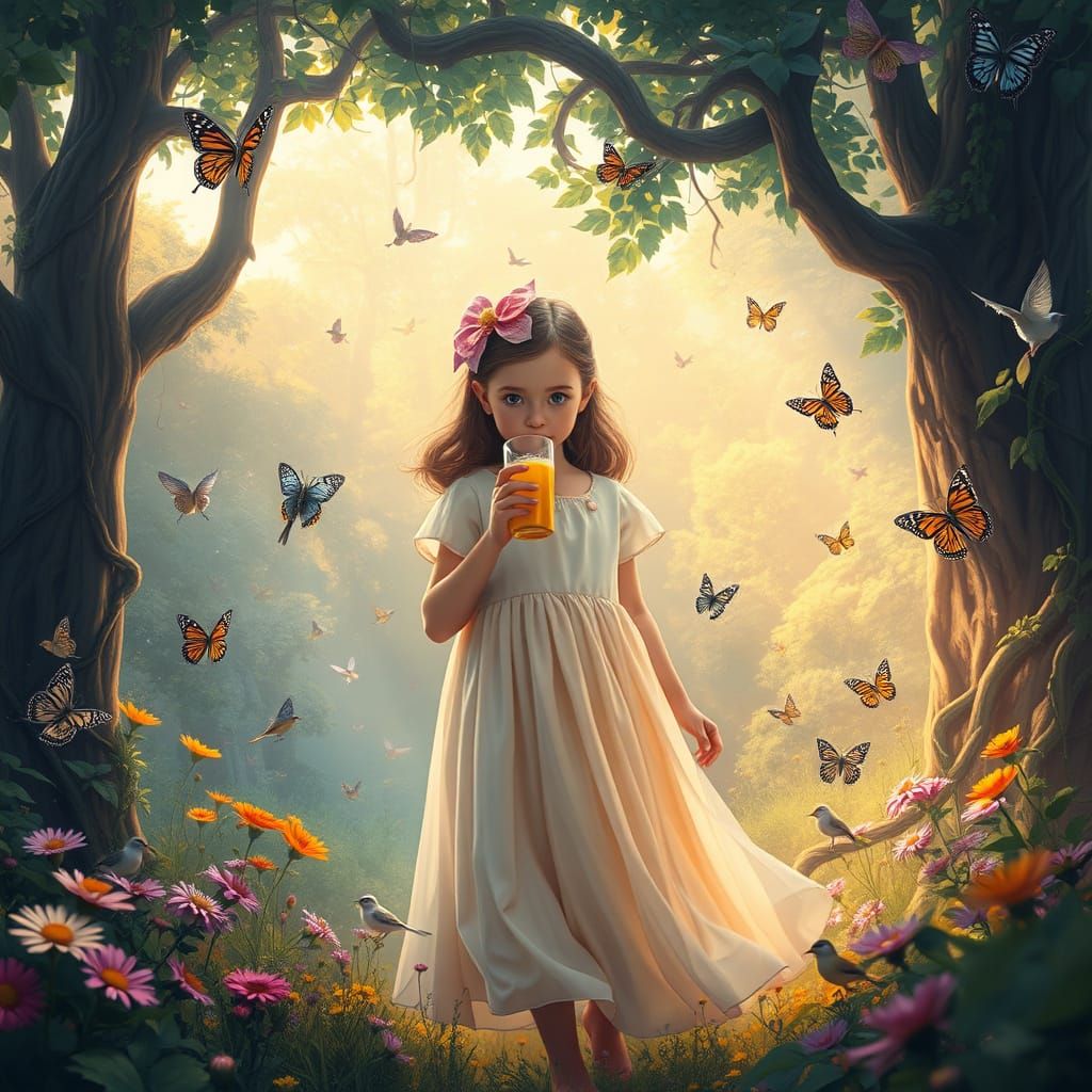 Serene Whimsical Forest Scene with Butterflies and Birds