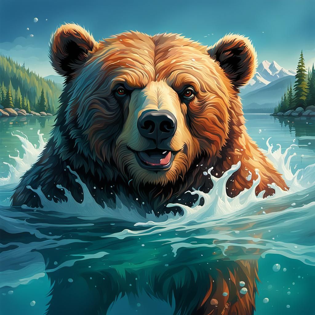 Happy Bear Swimming in Lake: Digital Art