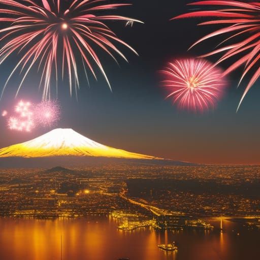 Fireworks Explode Over Mount Fuji: Digital Matte Painting