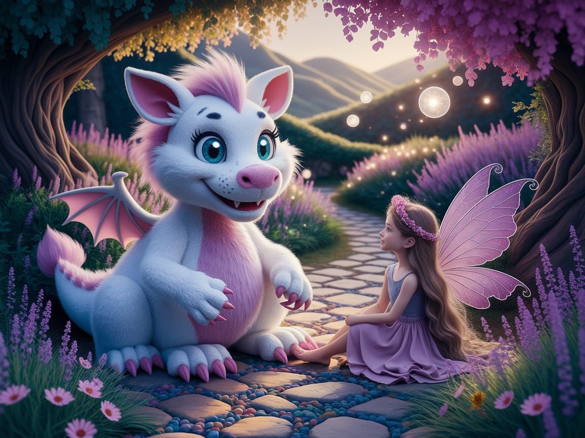 Fluffy Dragon and Fairy in Magical Forest
