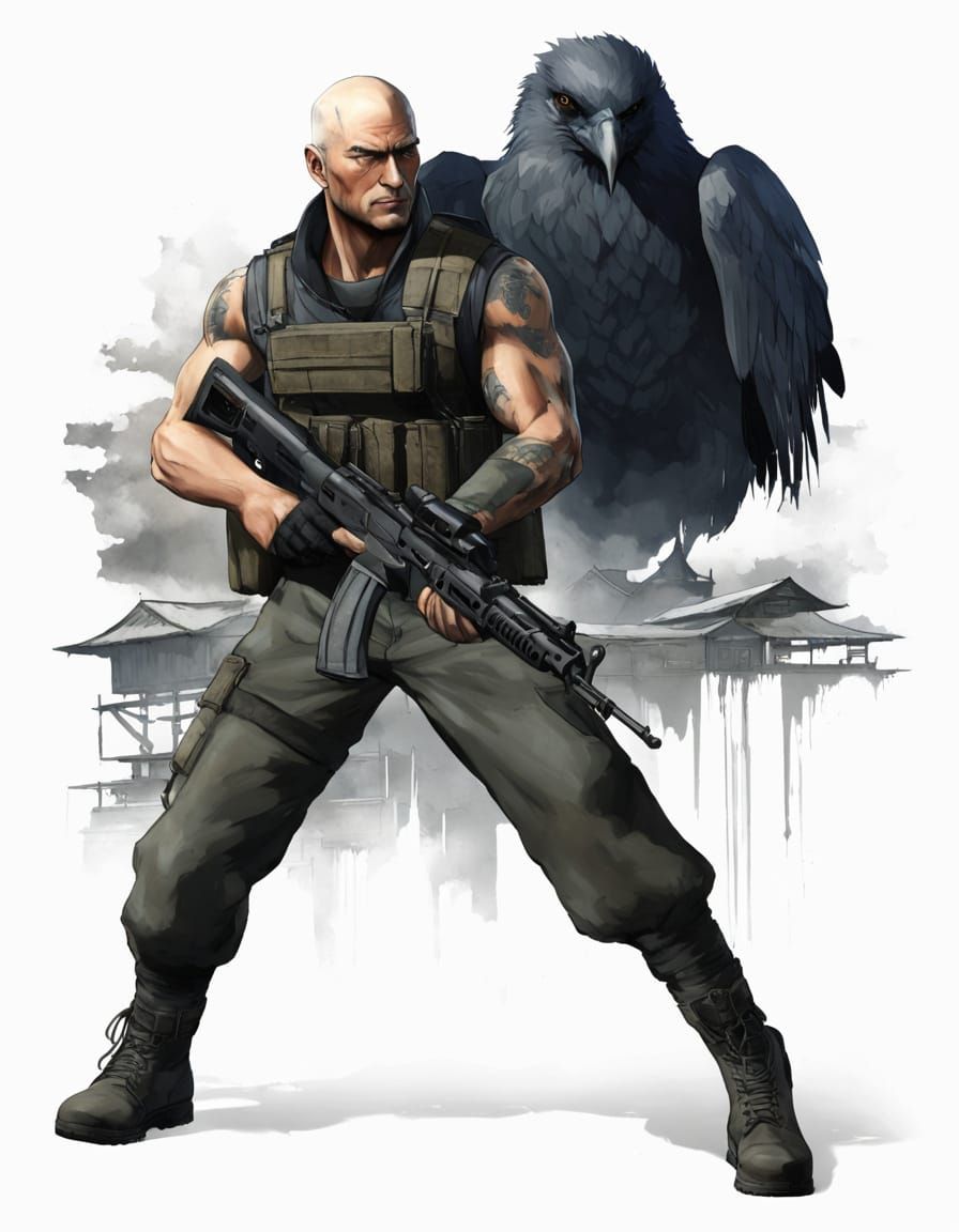 Vulcan Raven in Ultrarealistic Military Gear, Wielding M61A1...