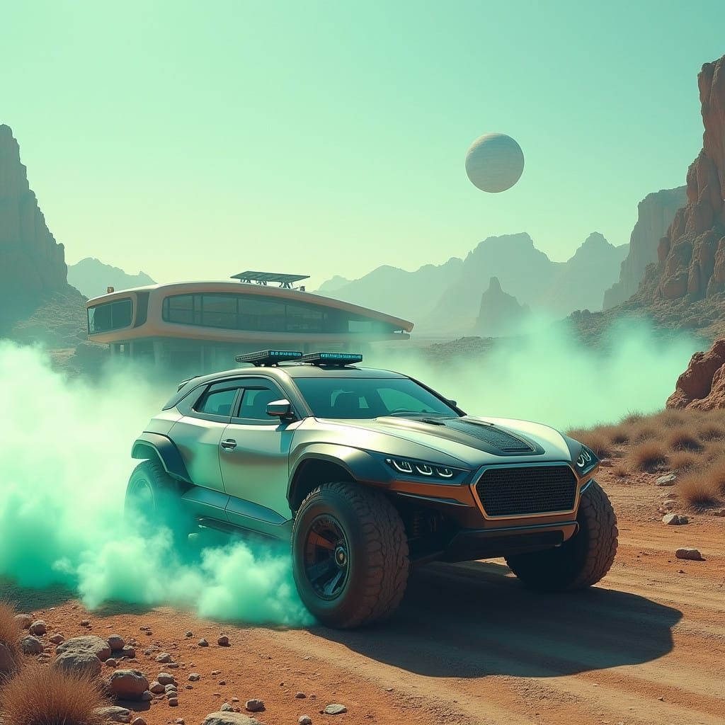 Futuristic SUV Speeds Across Barren Landscape in Distant Tri...