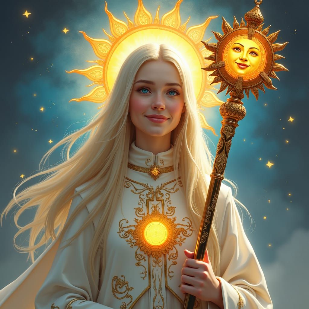 Radiant Priestess with Sun Staff: Digital Matte Painting