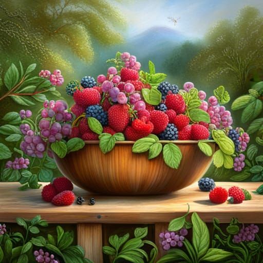 Hyperrealistic Fruit Bowl Still Life with Berries