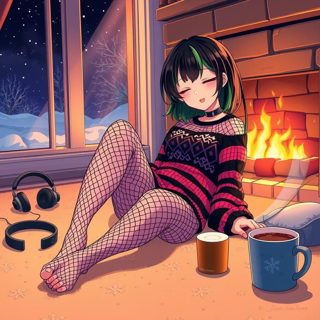 Ethereal Emo Girl in Cozy Nighttime Scene