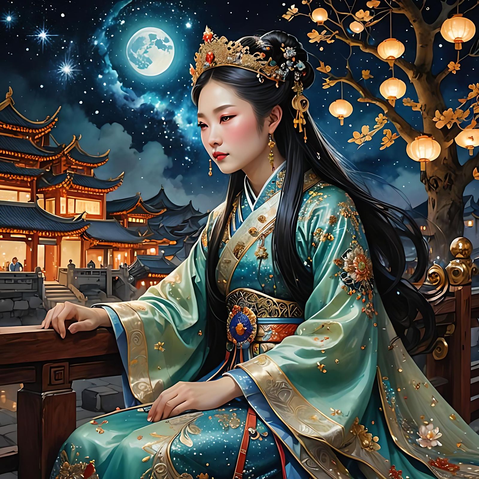 Surreal Chinese Empress Stargazing Art