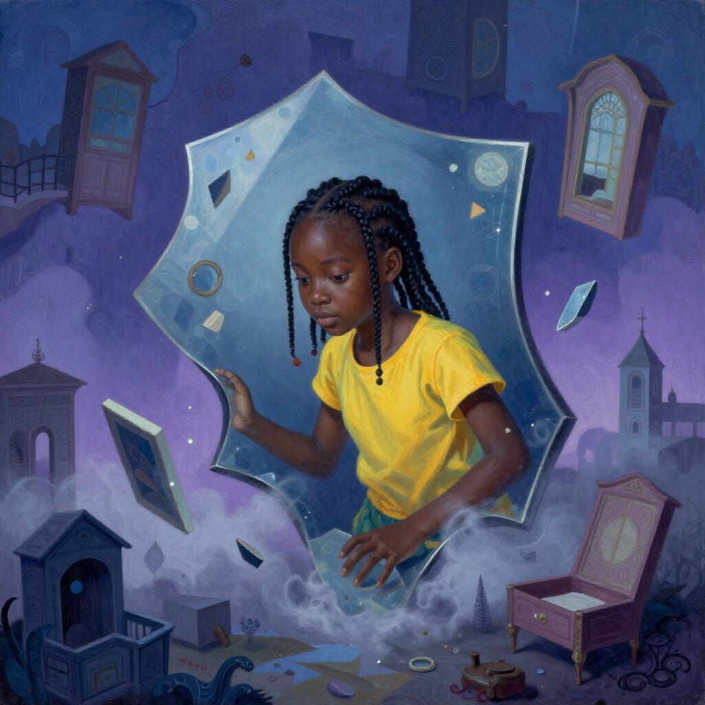 African Girl in Twisted Mirror Realm with Bending Gravity
