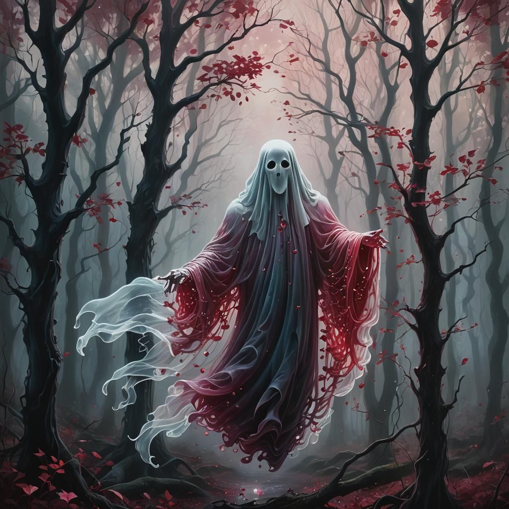 Ruby Ghost Floats in Mystical Forest, Surrealist Style