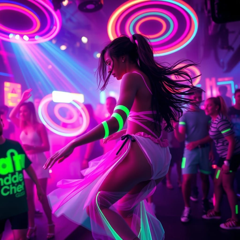 Neon Dancer in Vibrant Nightclub, Syd Mead Style