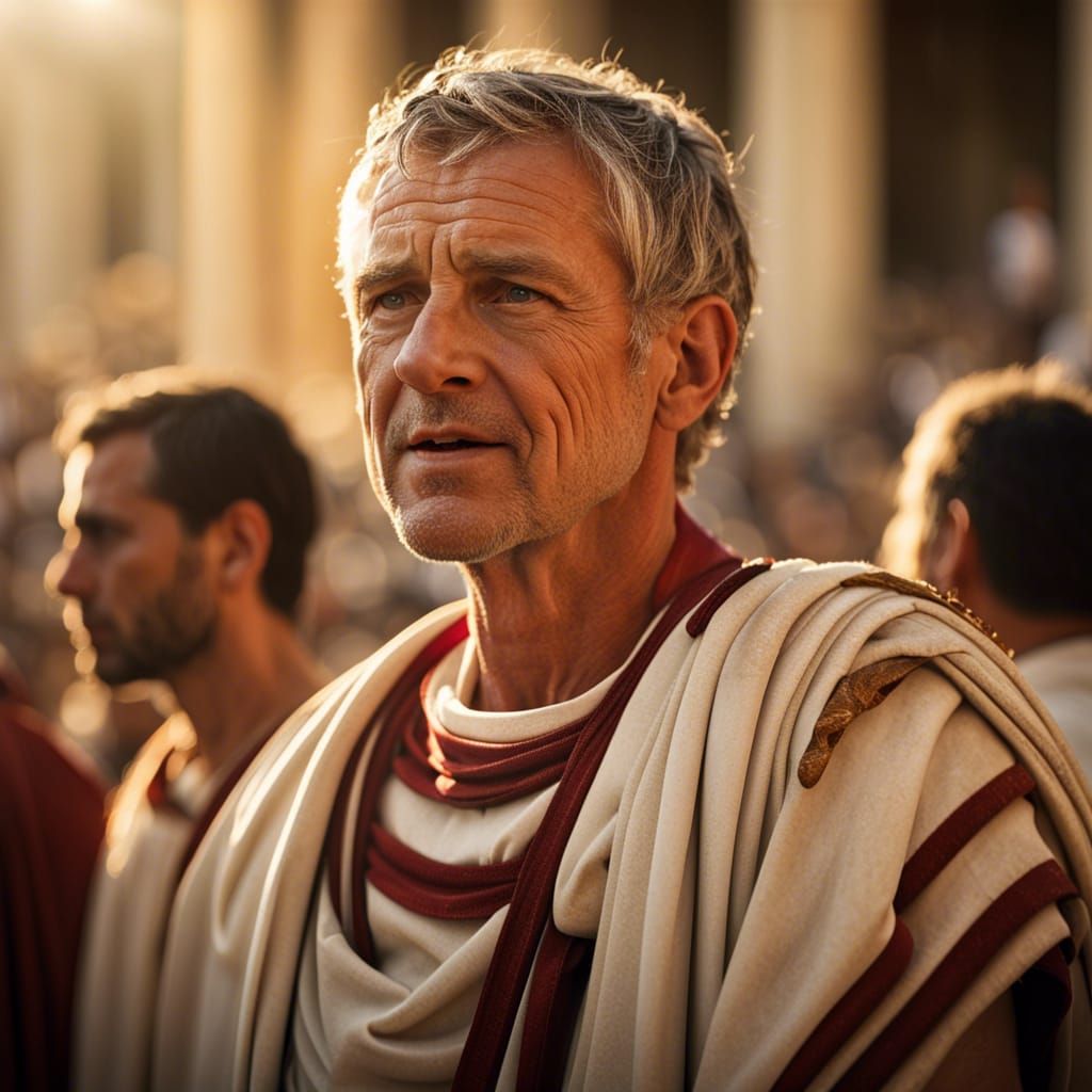 Picture of a roman senator in toga talking outside to the crowd sun shining, high detail, dust, lighting, real ancient r...