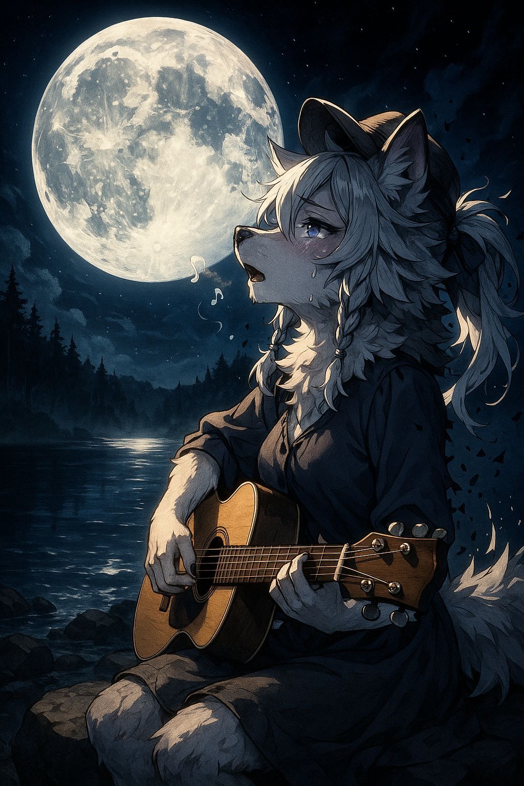 Anime Wolf Girl Serenades Moonlit Lake