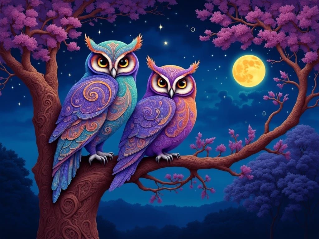 Majestic Owls Amidst a Starry Night