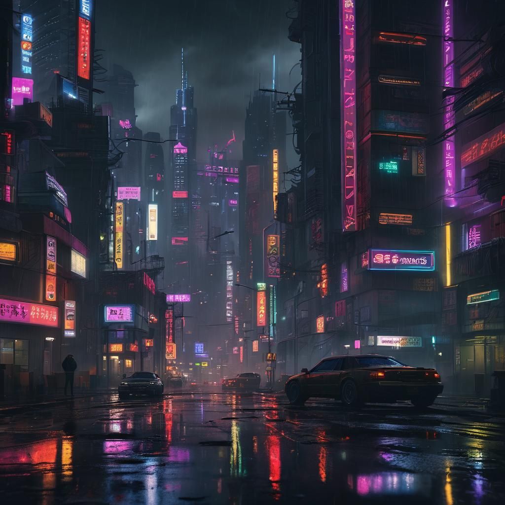 Neon Cyberpunk Cityscape at Night in the Rain