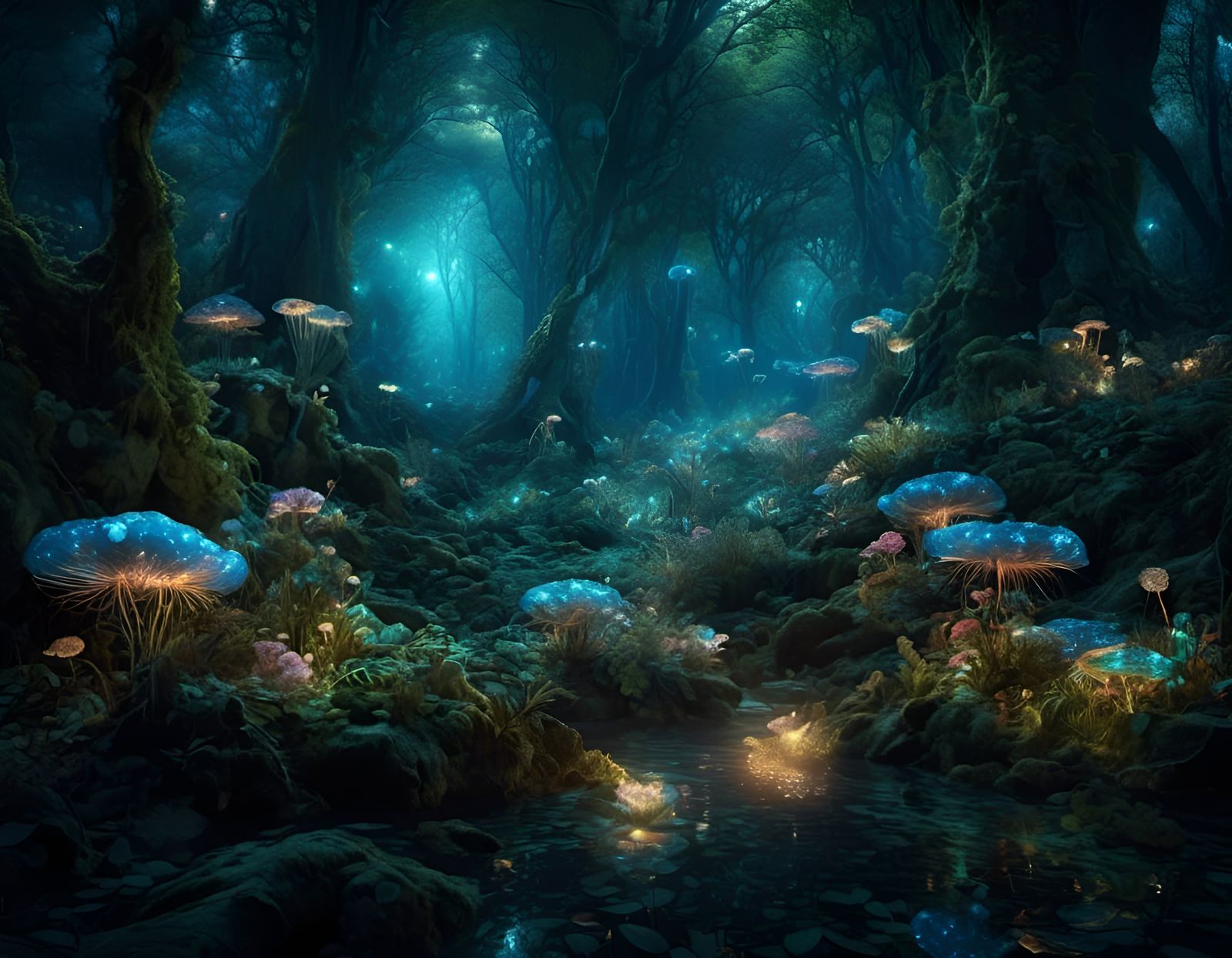 Bioluminescent Flora Illuminates Enchanted Forest