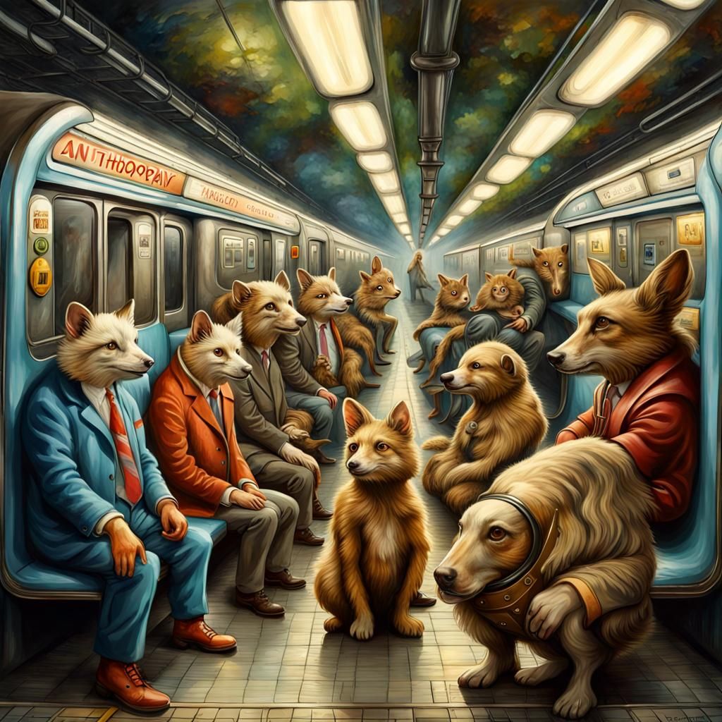 Anthropomorphic Animals Await Subway in Retrofuturistic Stat...