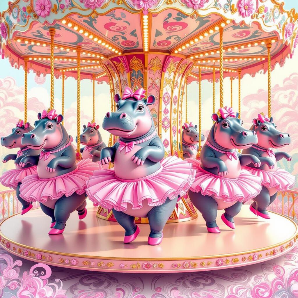 Whimsical Hippos Dancing in Pink Tutus