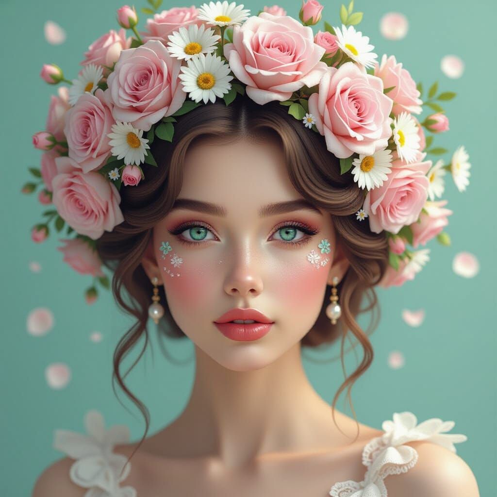 Floral Portrait of Woman with Porcelain Skin