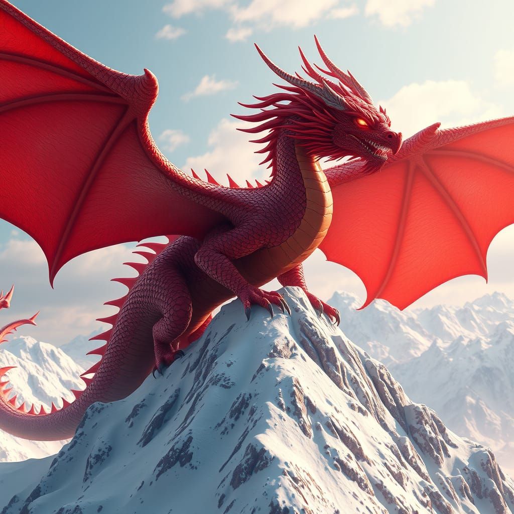 Majestic Red Dragon Soars in Snowy Anime Landscape