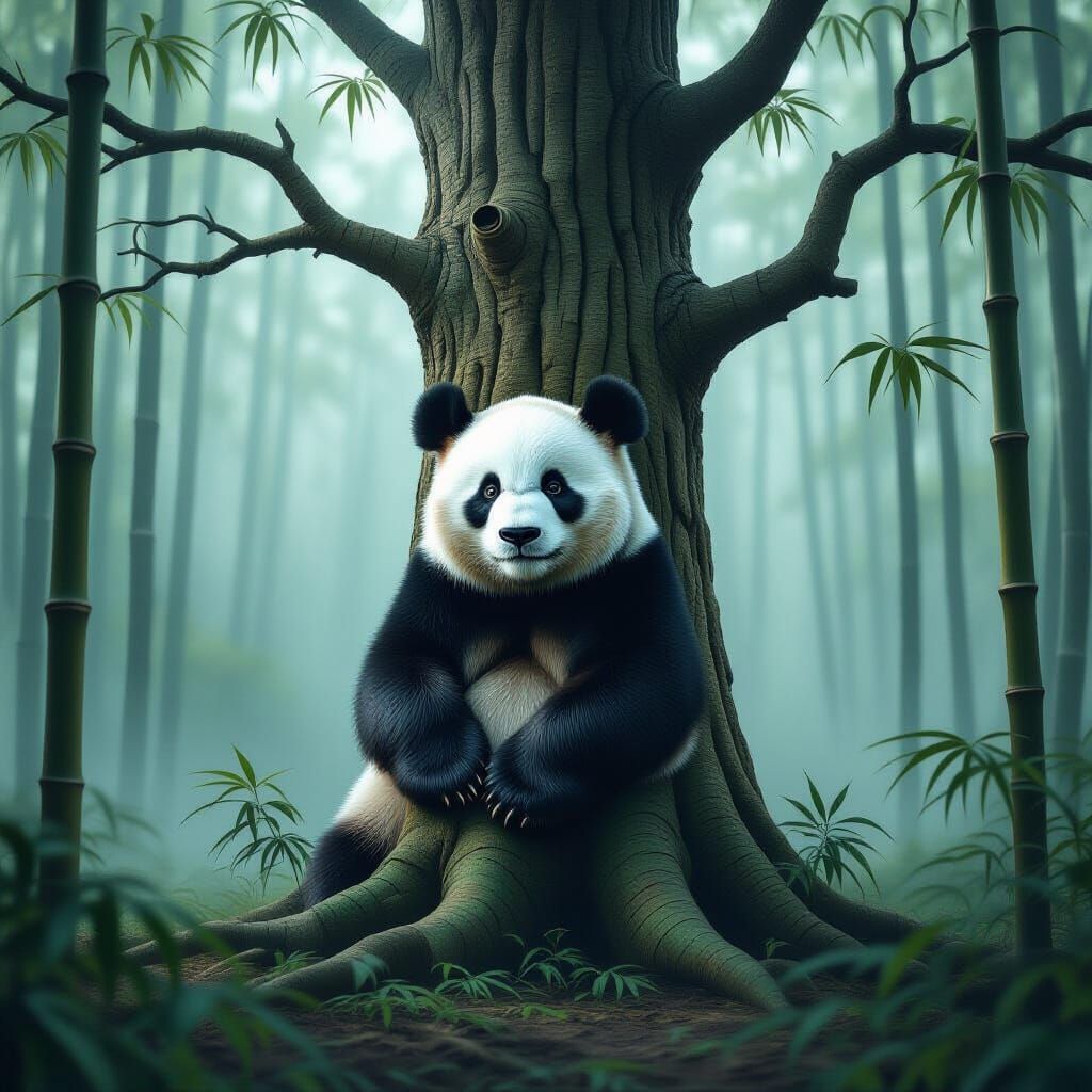 Panda and Oak Tree Fusion in Misty Forest