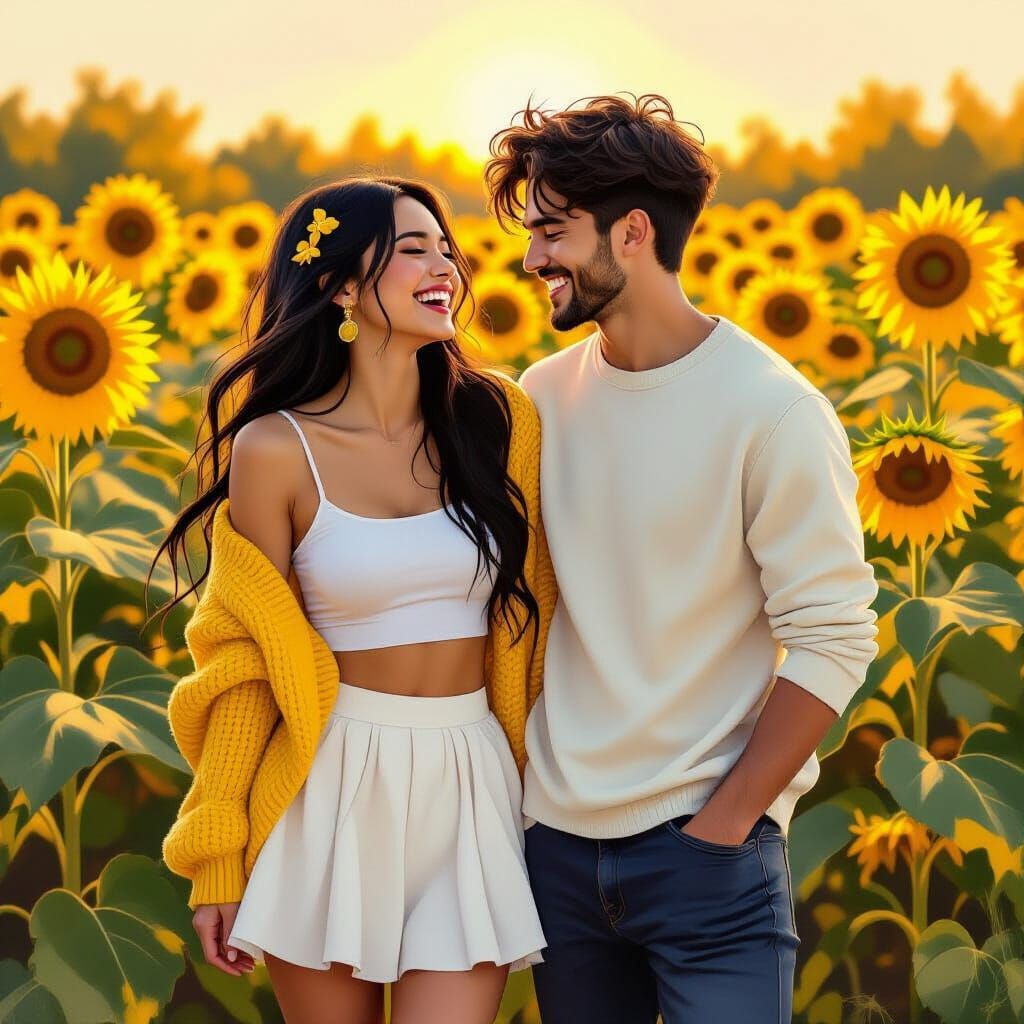 Joyful Couple in Sunflower Garden, Impressionistic Oil Paint...