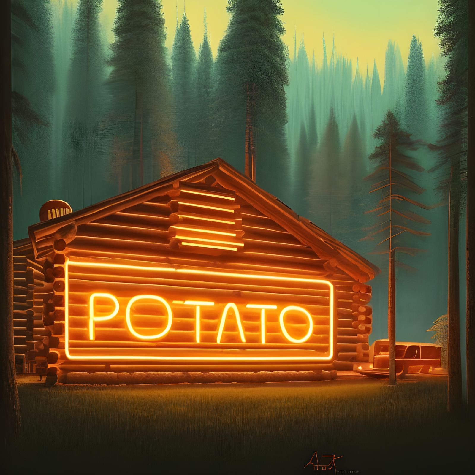 Neon Potato Sign over Forest Cabin in Surreal Style