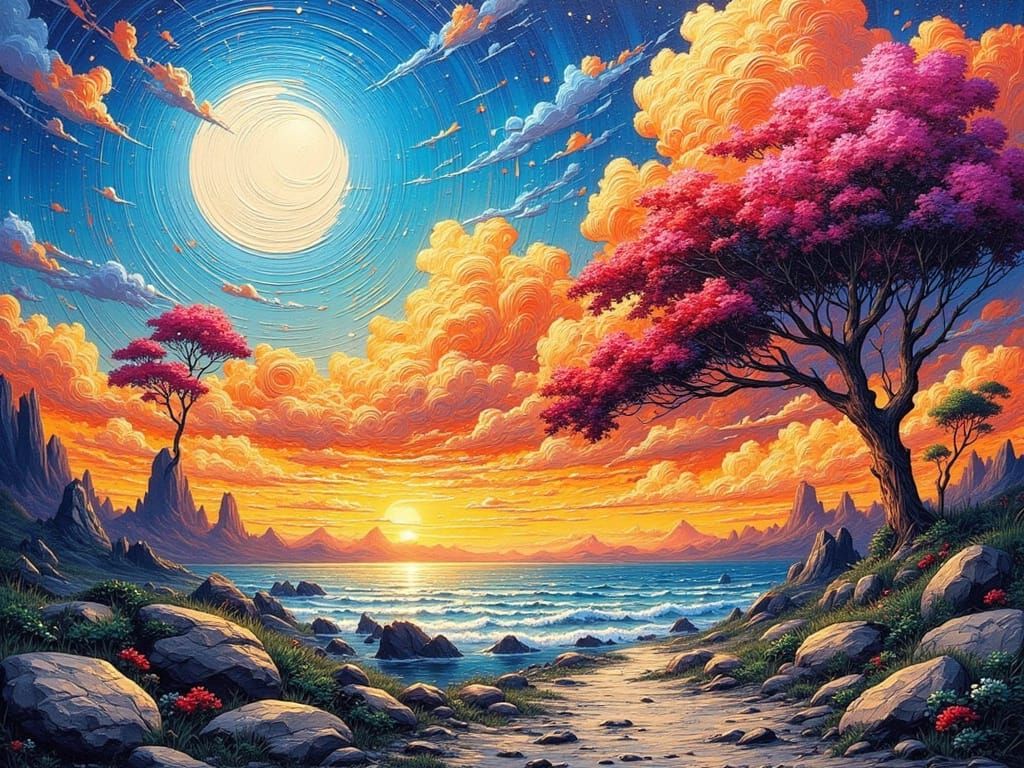 Anime Landscape with Impasto Paint and Cinematic Lighting